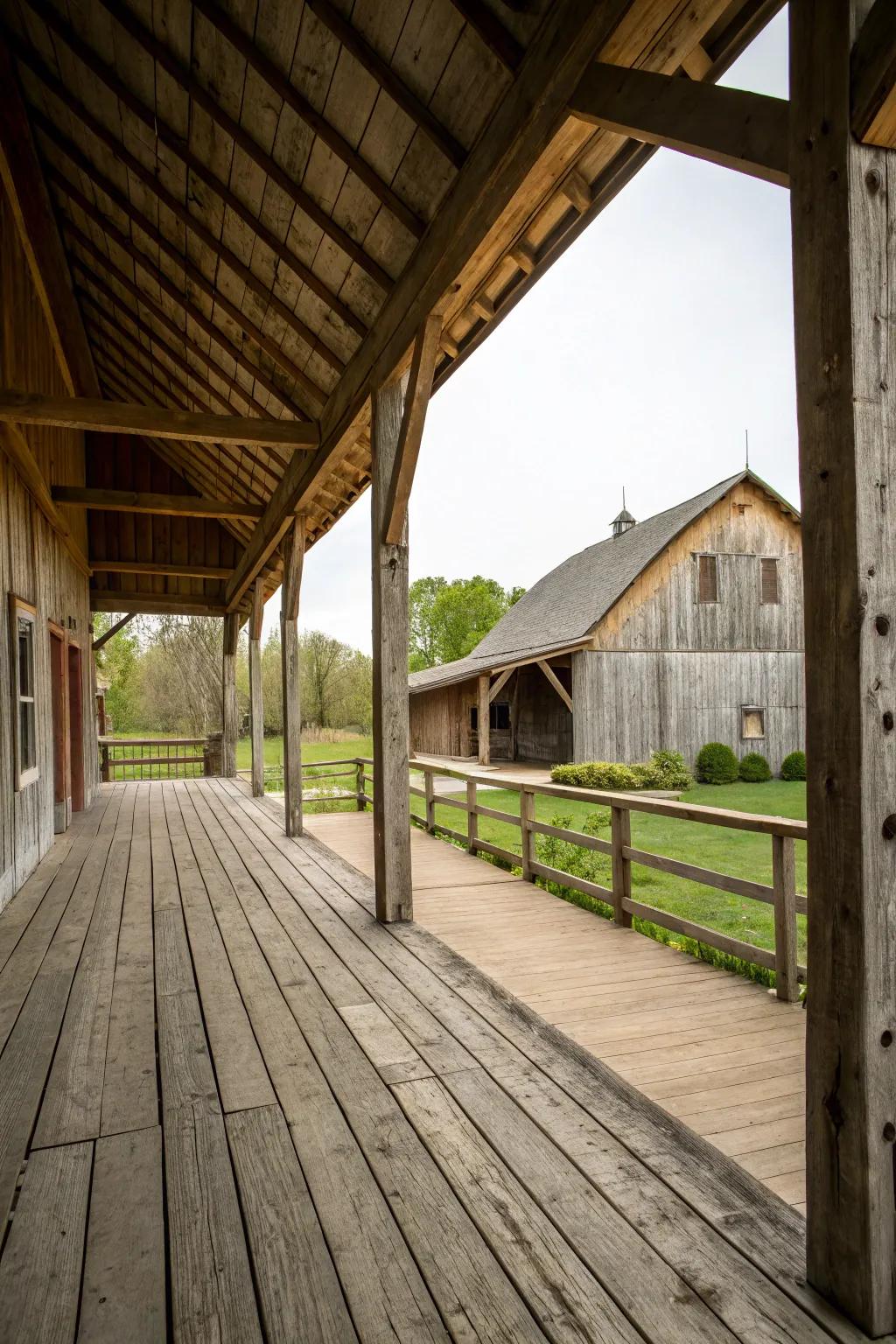 Barn porch showcasing open beams and traditional barn-style architecture.
