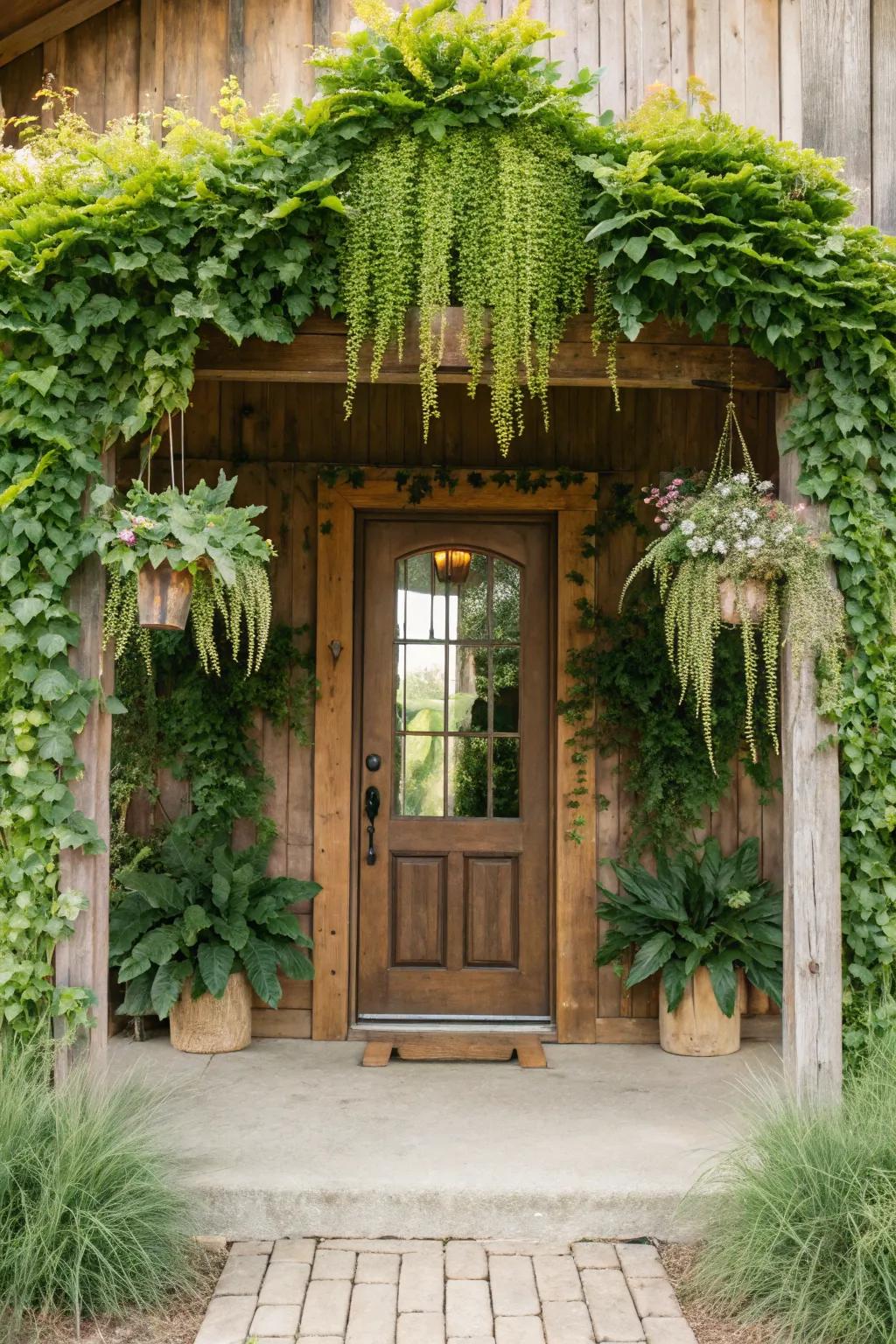 Lush greenery enhances the entrance.