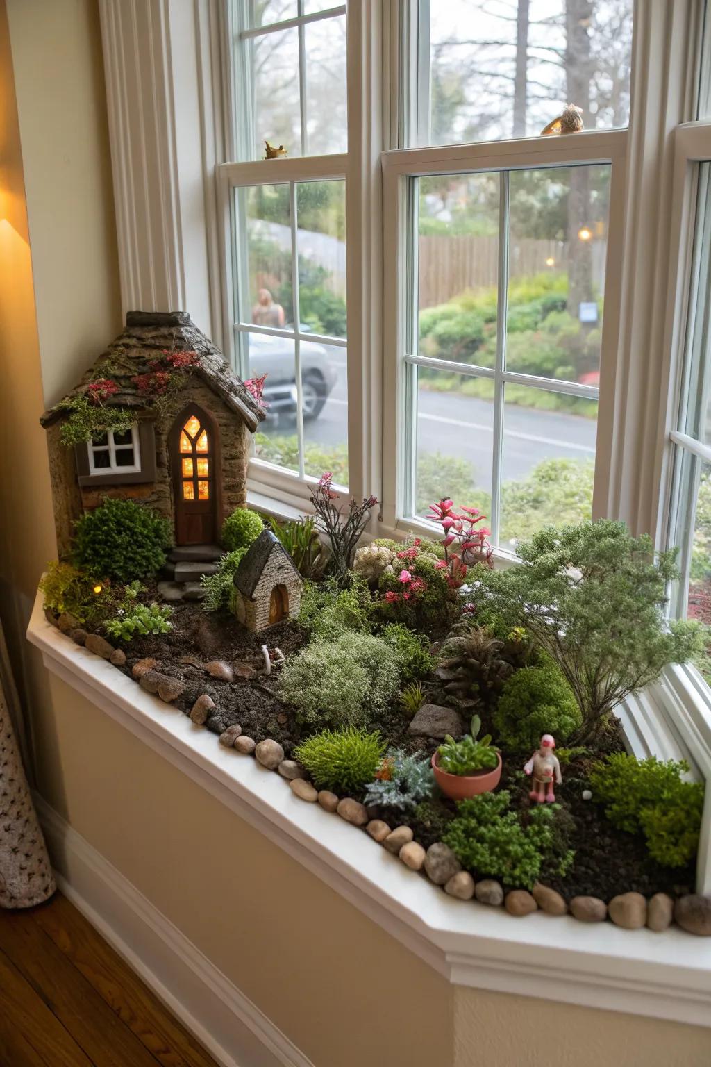 Fairy gardens bring a touch of magic to bay window landscaping.