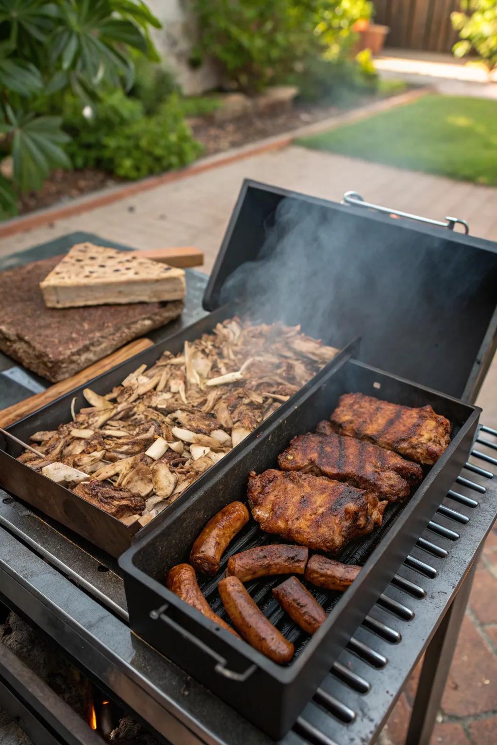 A smoker box adds a rich, smoky flavor to grilled meats.