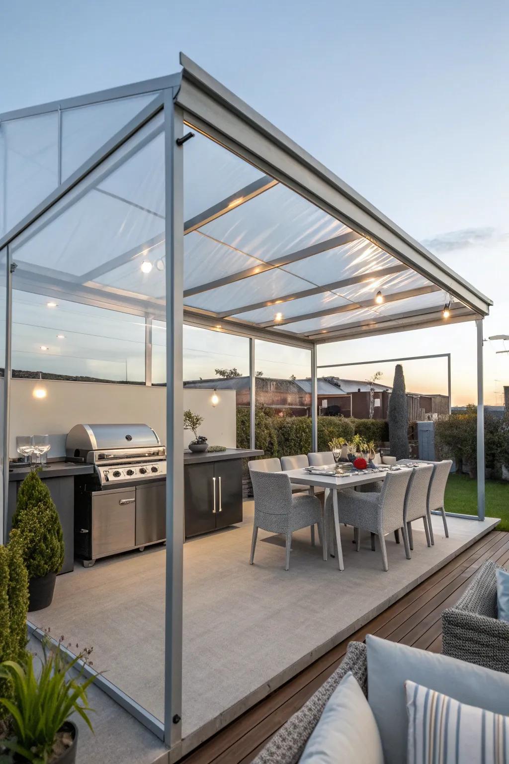 A transparent canopy offers a sleek and open BBQ shelter design.