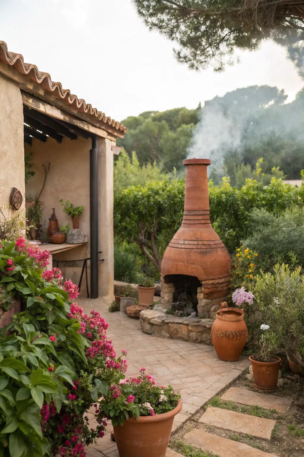 Terracotta pot smoker adding charm to the backyard.