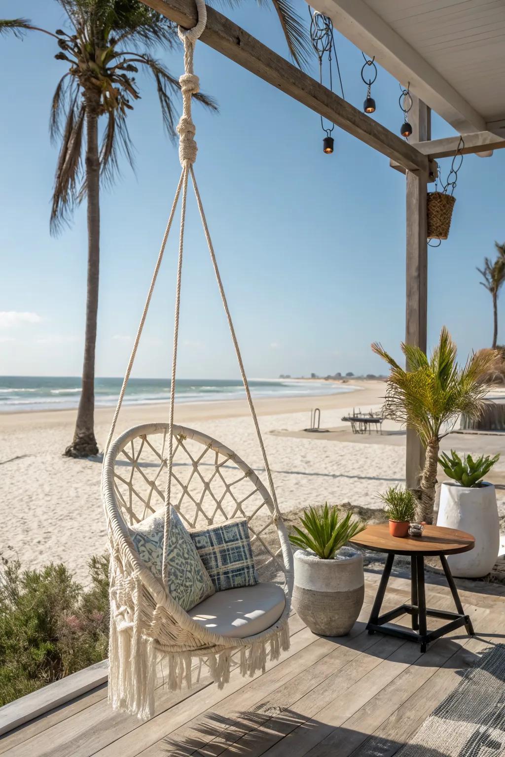 A hanging chair adds a playful and cozy touch to your patio.