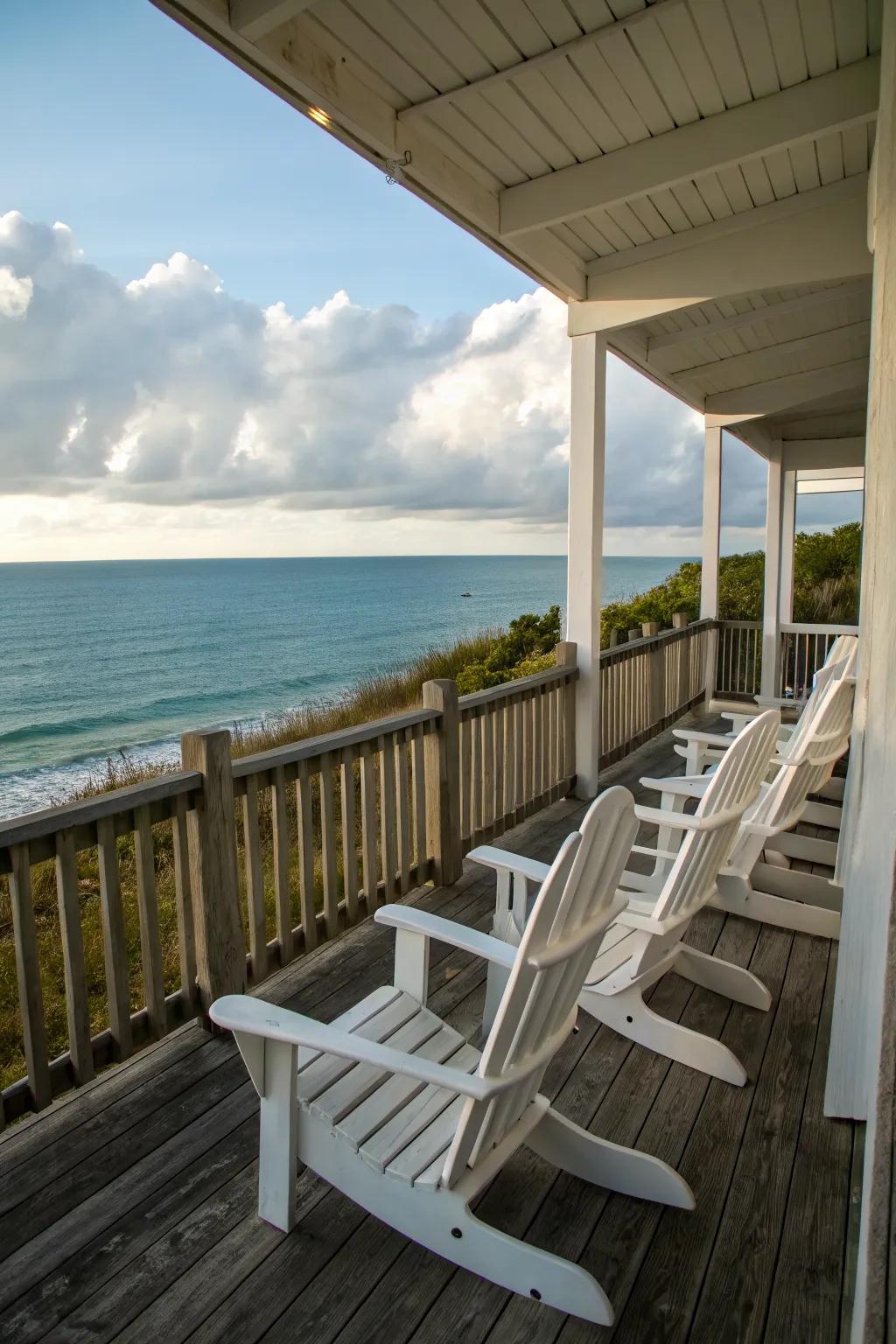 Adirondack chairs offer timeless coastal comfort.