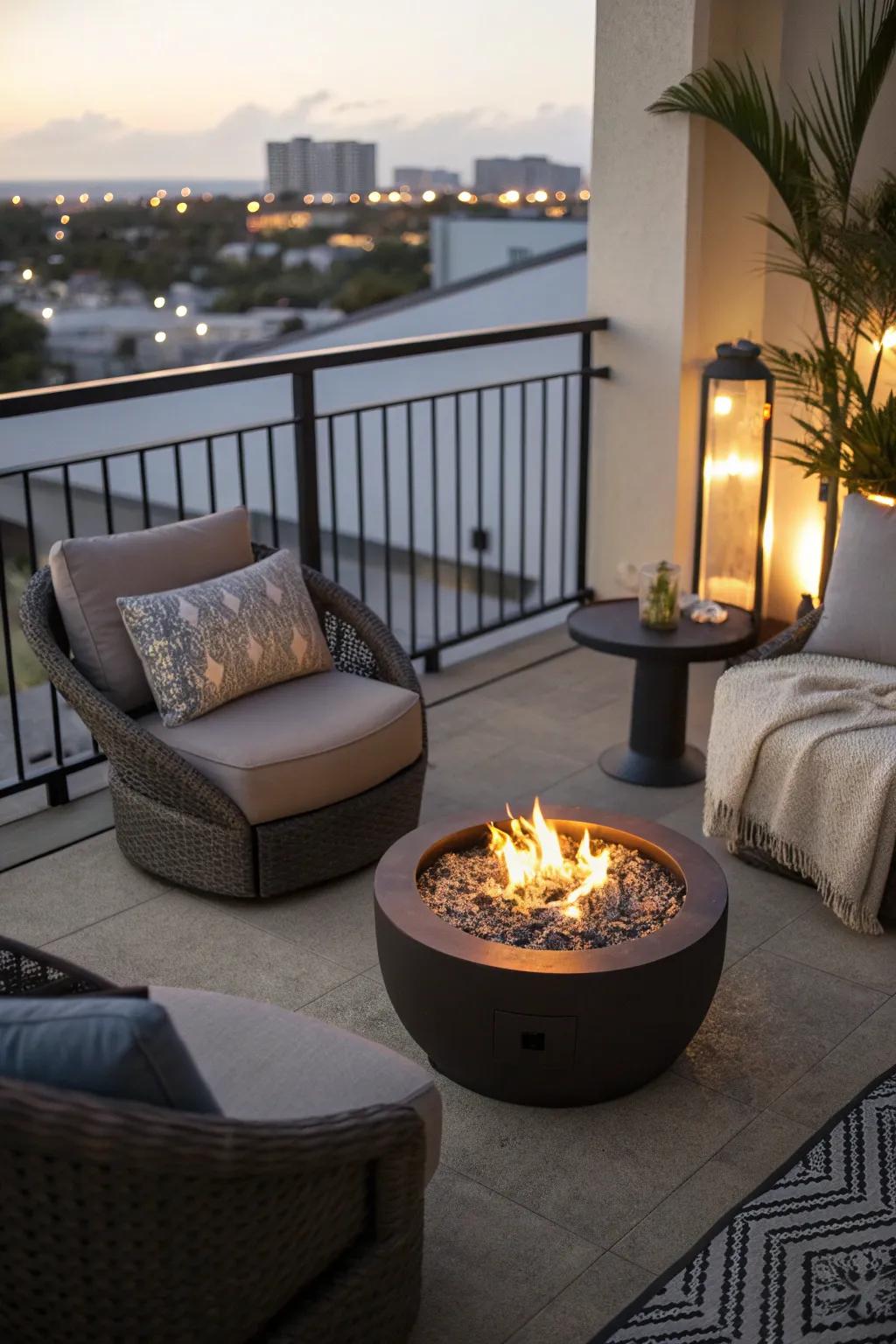 A fire pit adds warmth and invites cozy gatherings on your balcony.