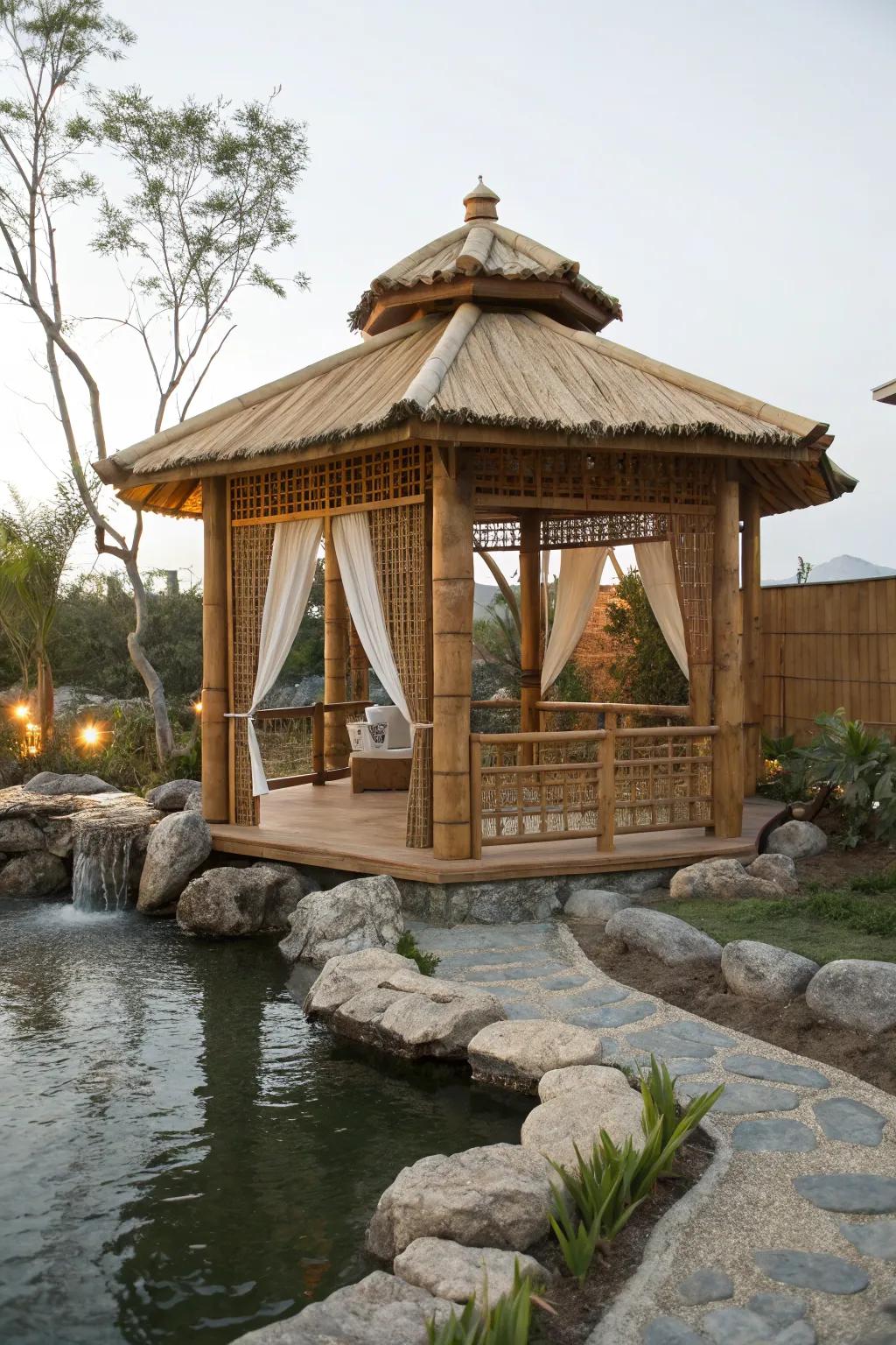 A Zen-inspired gazebo offering peace and tranquility.