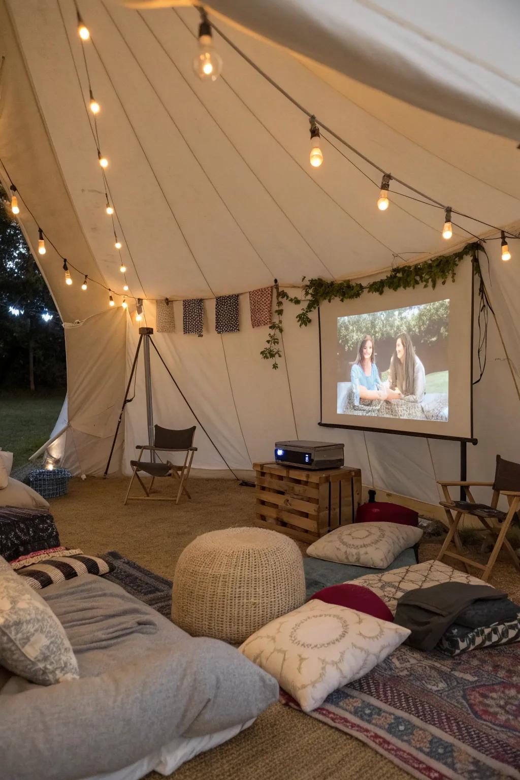 Transform your tent into a cozy movie theater.