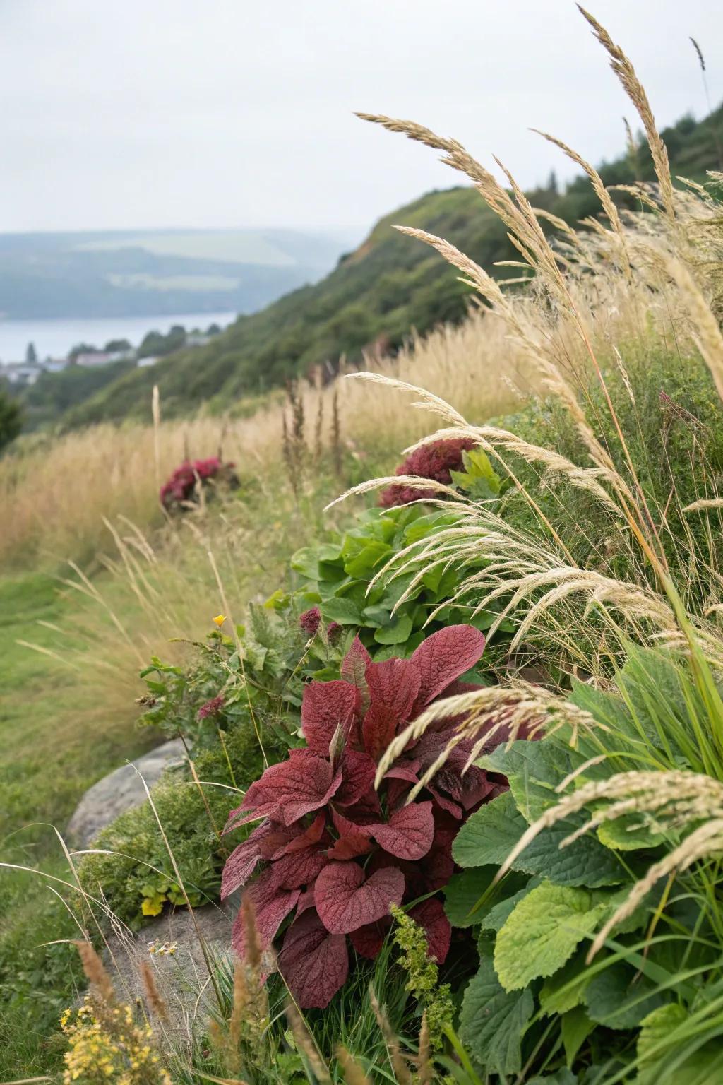 Textural contrasts add visual interest to this thoughtfully landscaped berm.