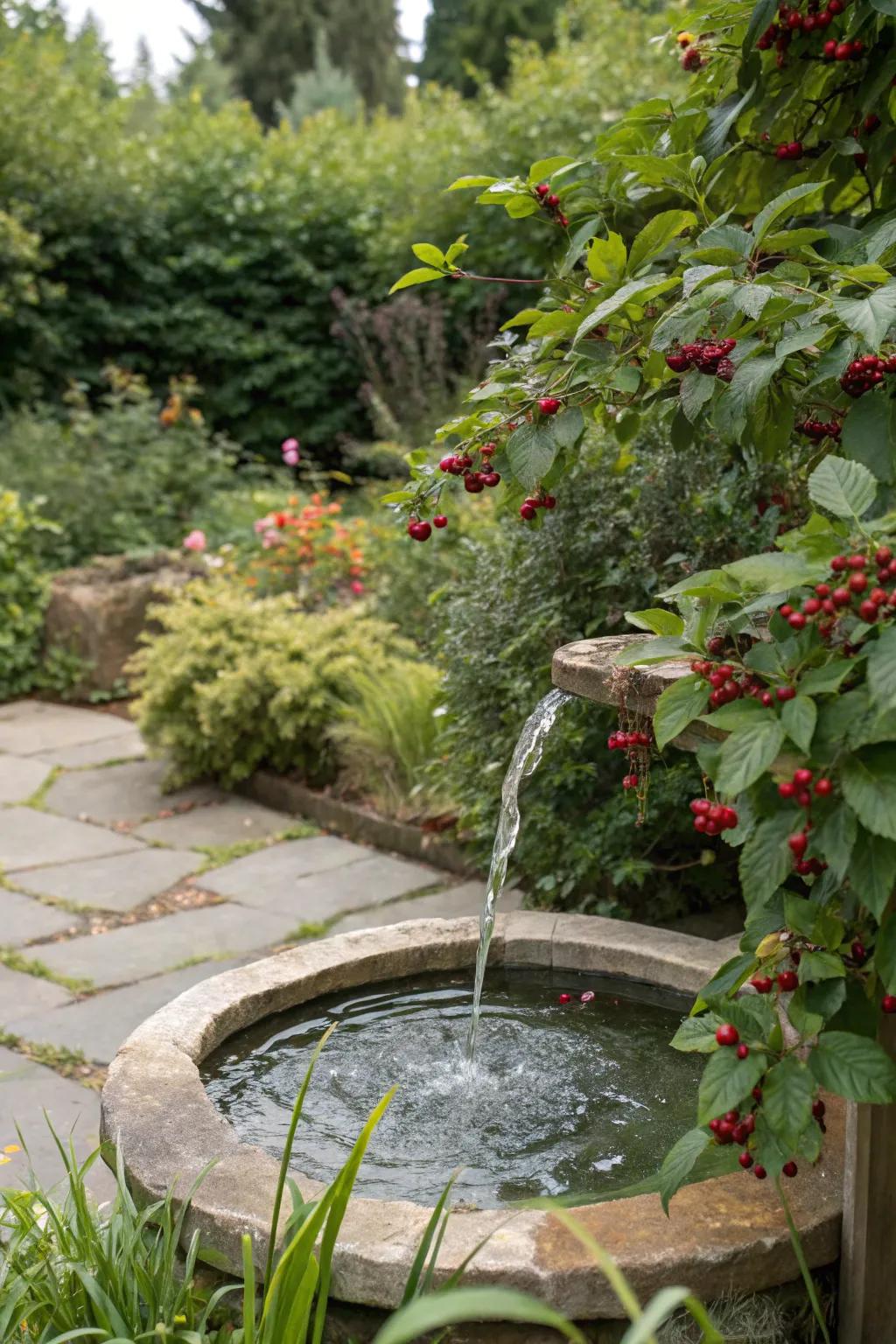 A charming water feature nestled within a berry garden, adding tranquility.