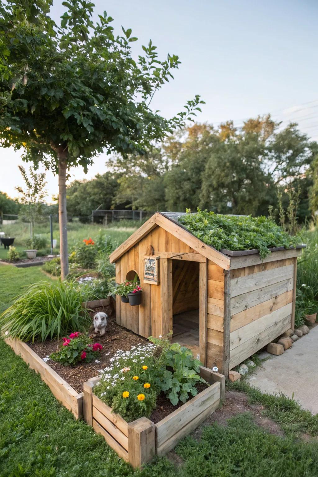 An eco-friendly dog house constructed from recycled materials.