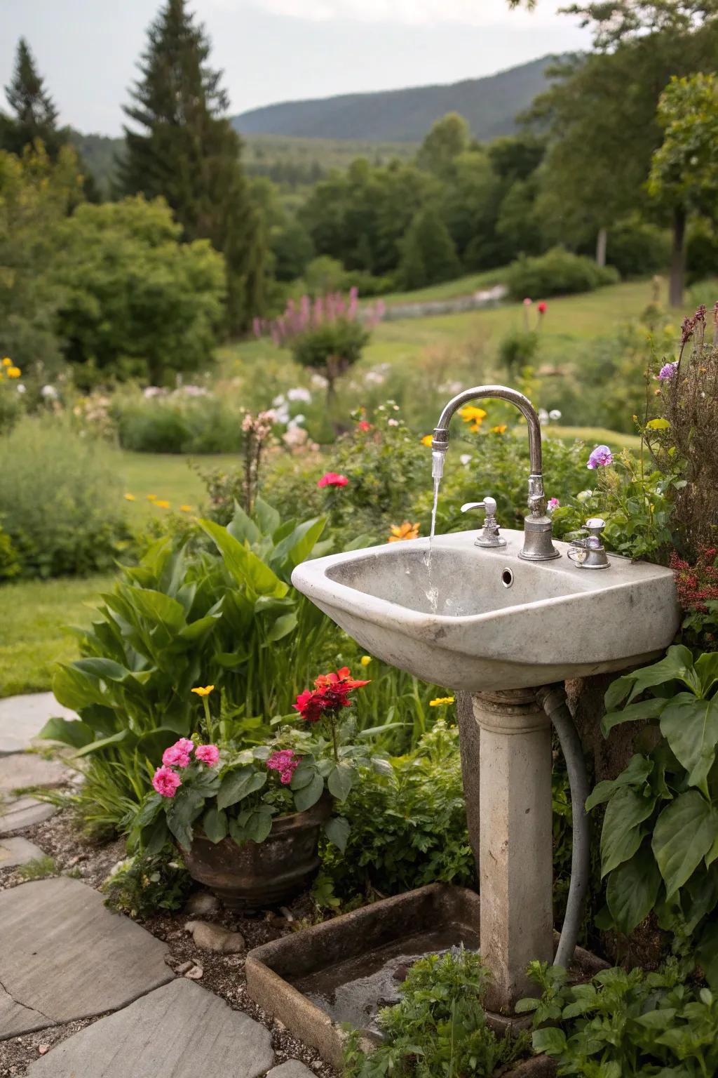 A foot pedal operation offers hands-free convenience for outdoor sinks.