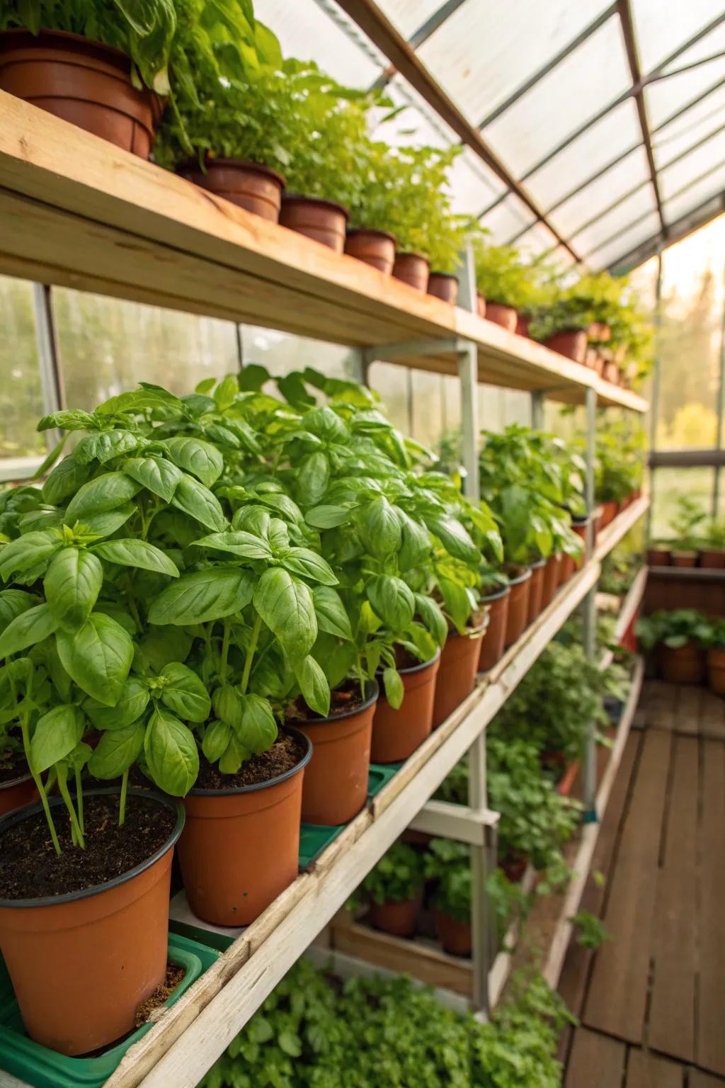 Fragrant basil plants thriving in a greenhouse, ready to spice up your cooking.