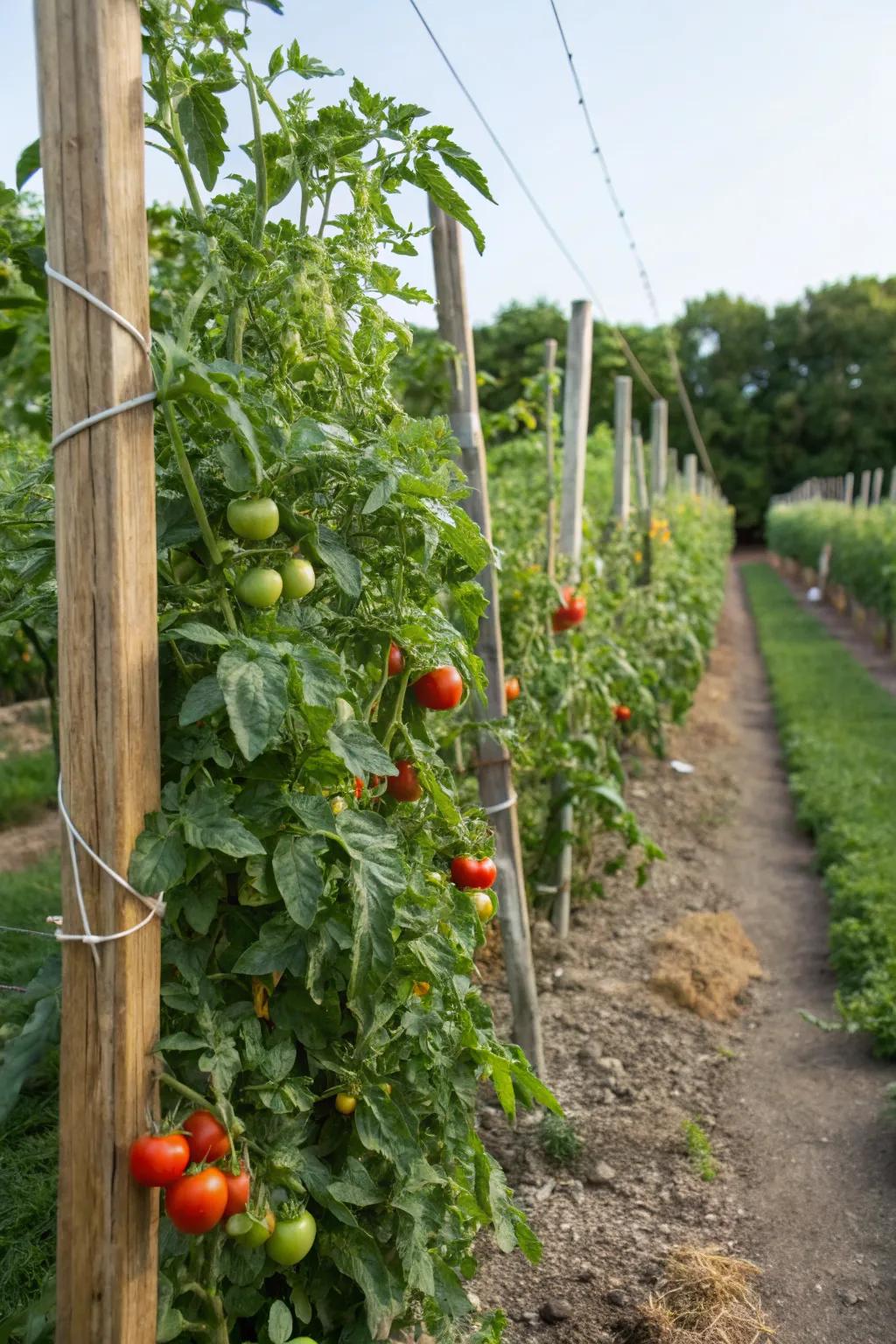 T-post and twine trellis system offers strong support with minimal setup.