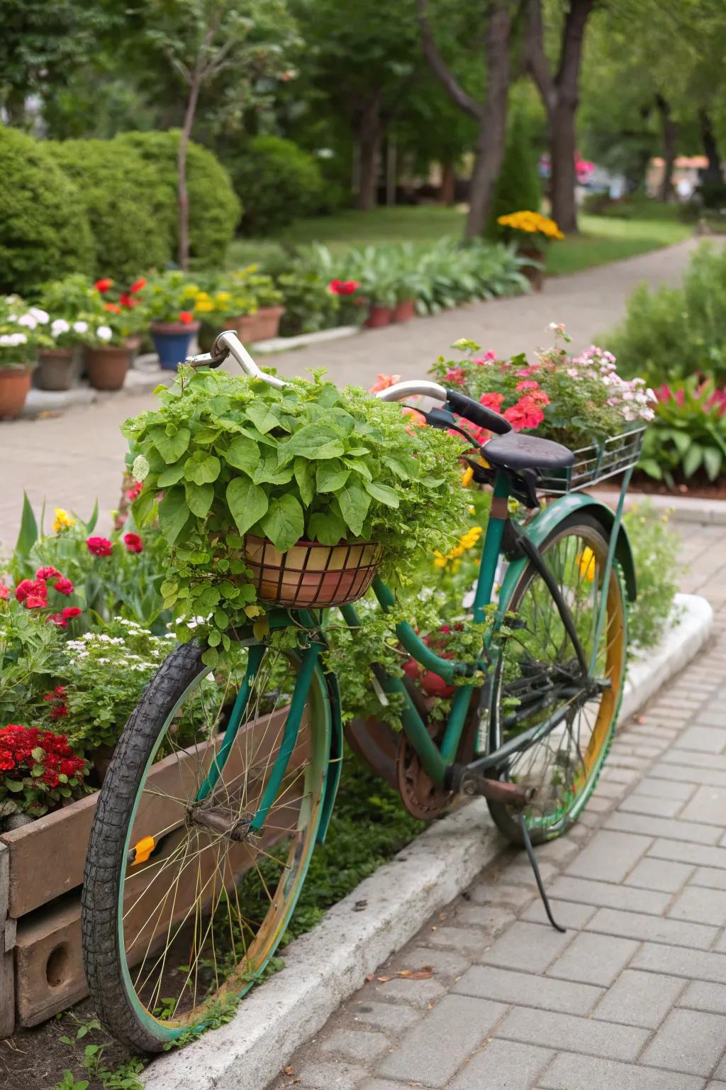 Embrace sustainability by upcycling bicycles into planters.