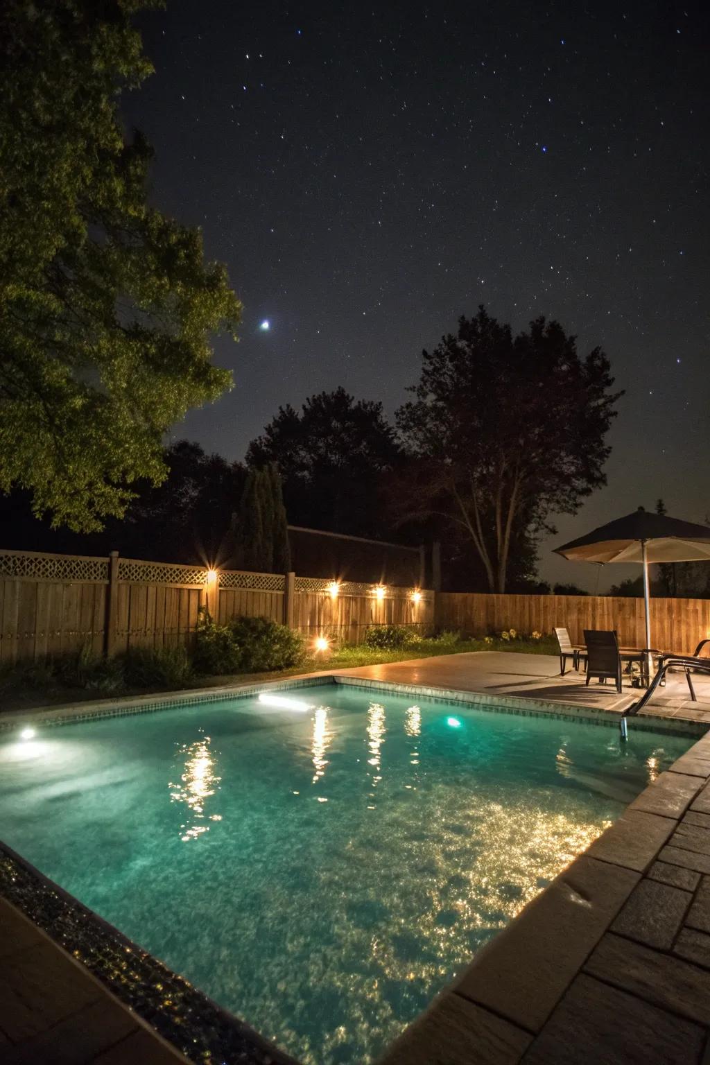 Create a magical evening atmosphere with strategic pool lighting.