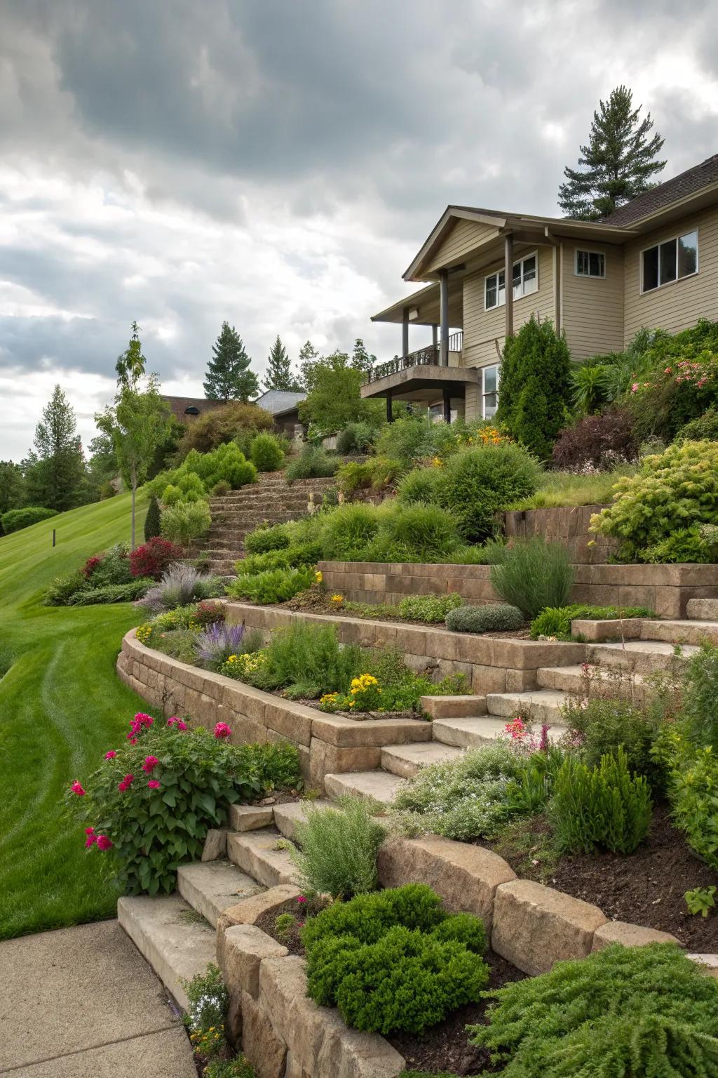 Terraced levels that add depth and visual interest to the yard.
