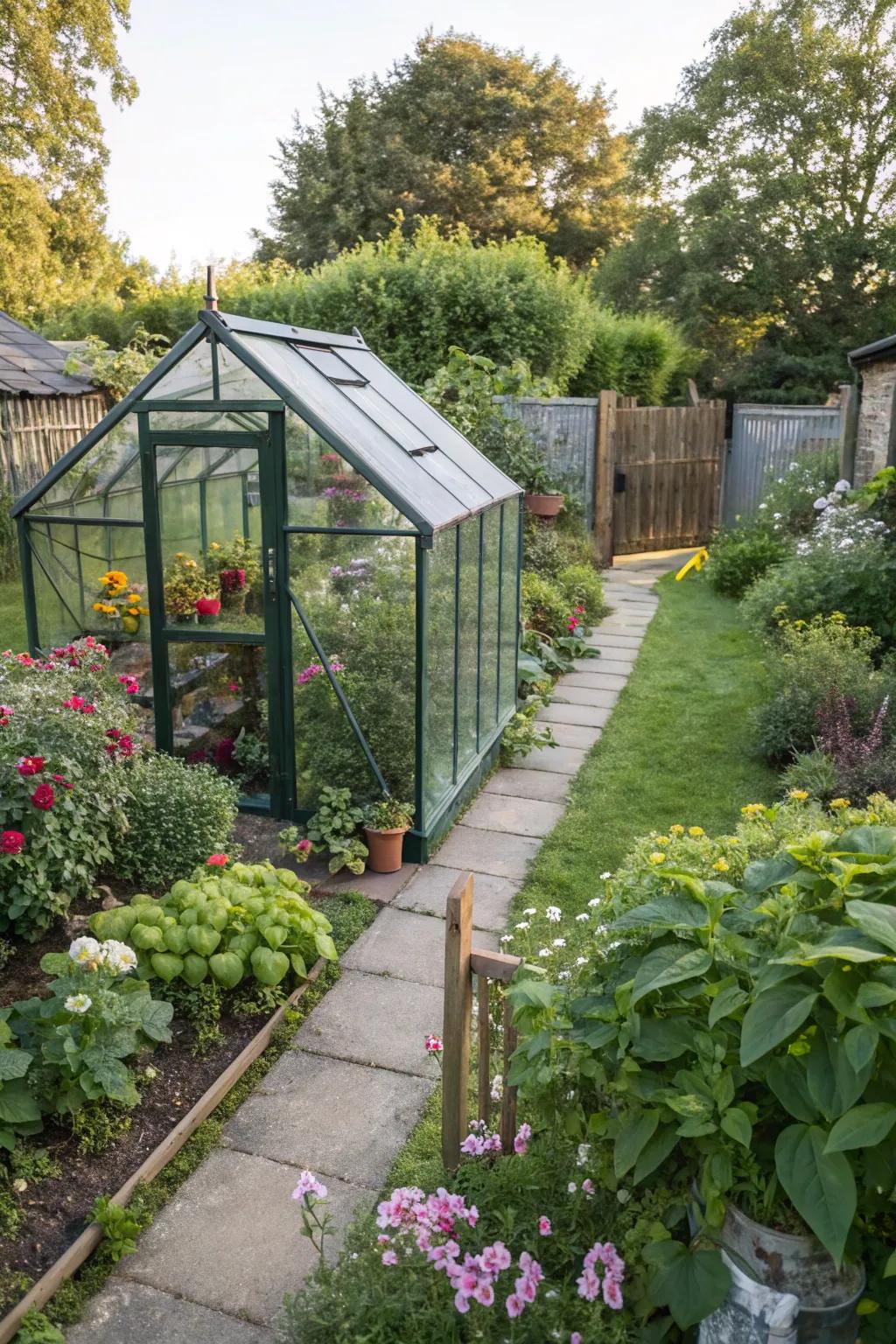 A charming personal greenhouse nestled within a lush garden.