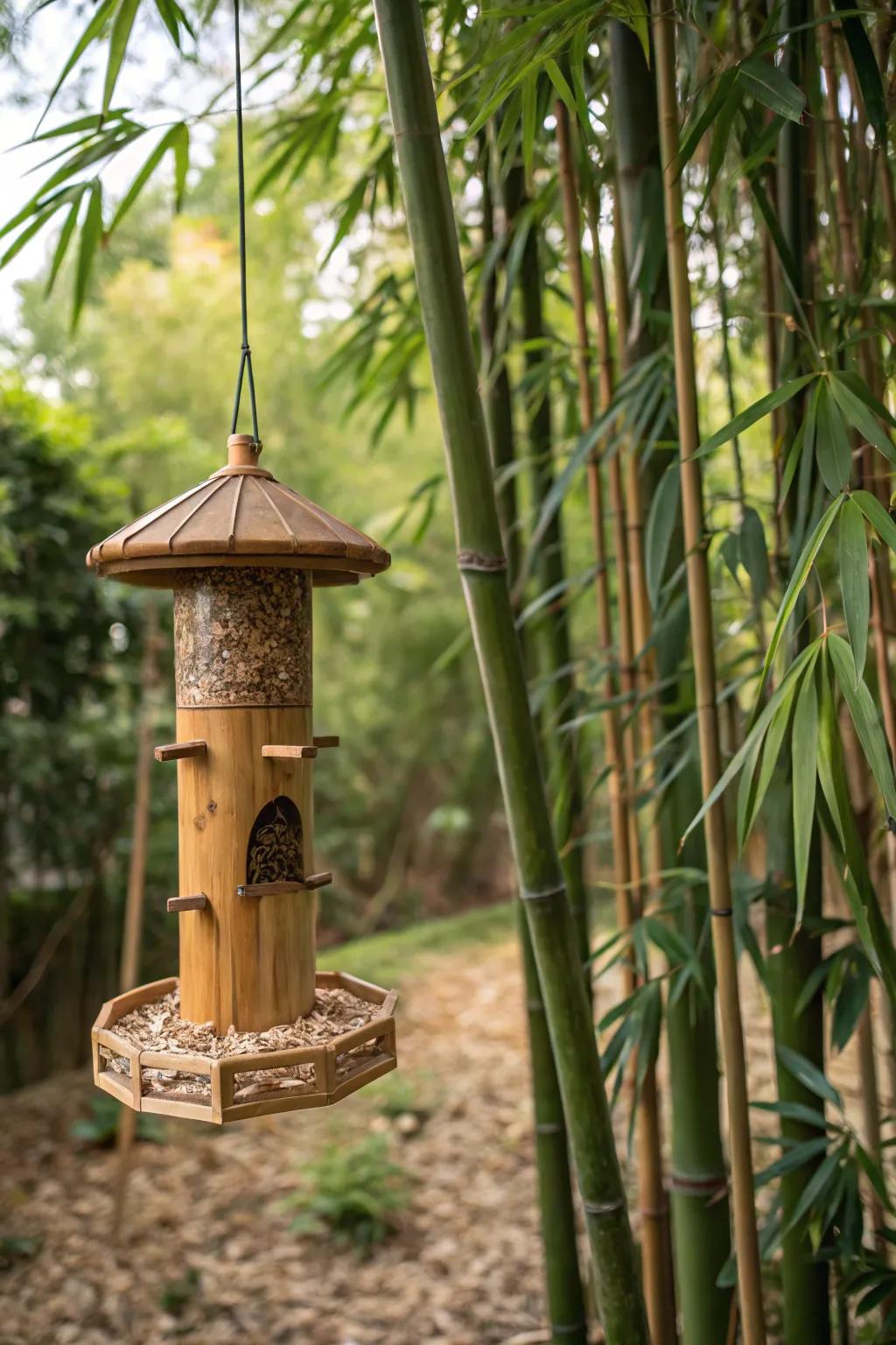 Eco-friendly elegance with a bamboo feeder.