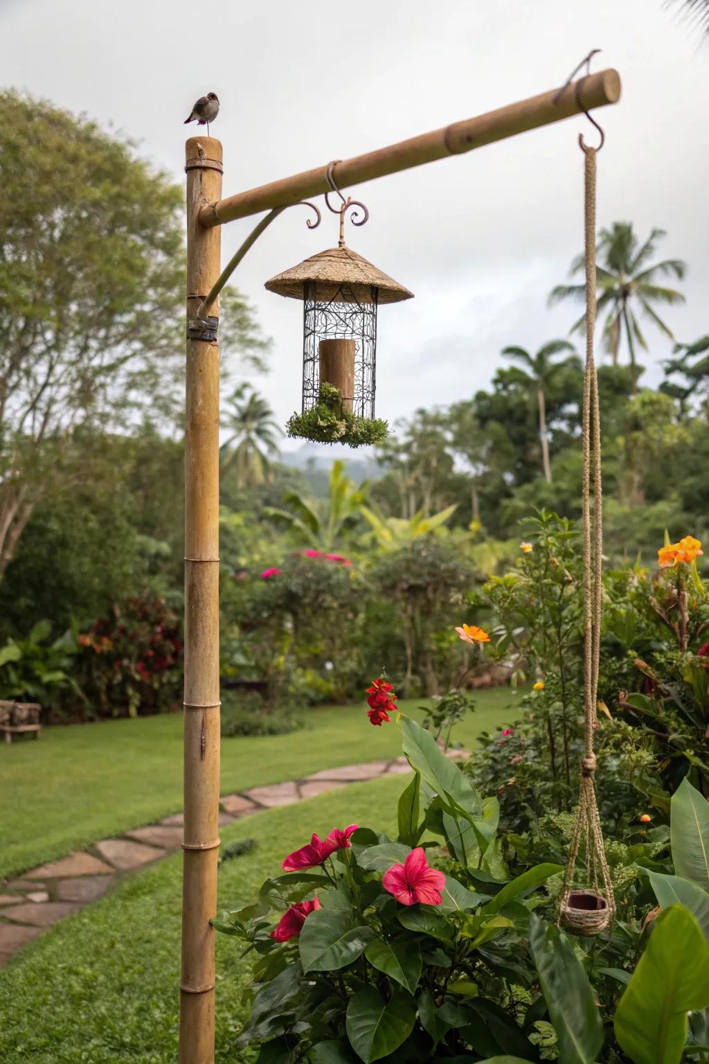 Bamboo poles bring an exotic touch to bird feeding.