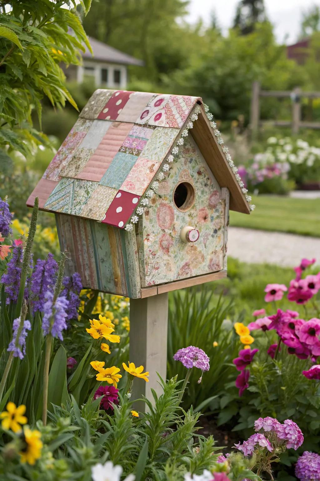 A patchwork-patterned birdhouse adding quirky charm.