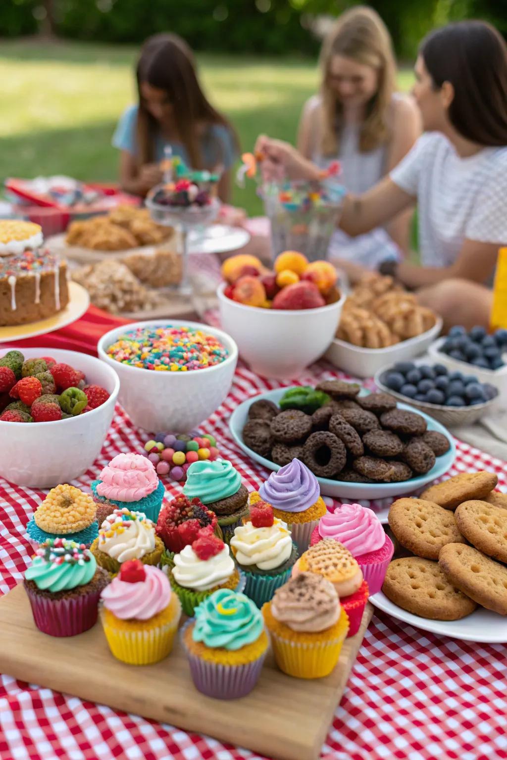 A DIY dessert bar with a variety of treats at a picnic.