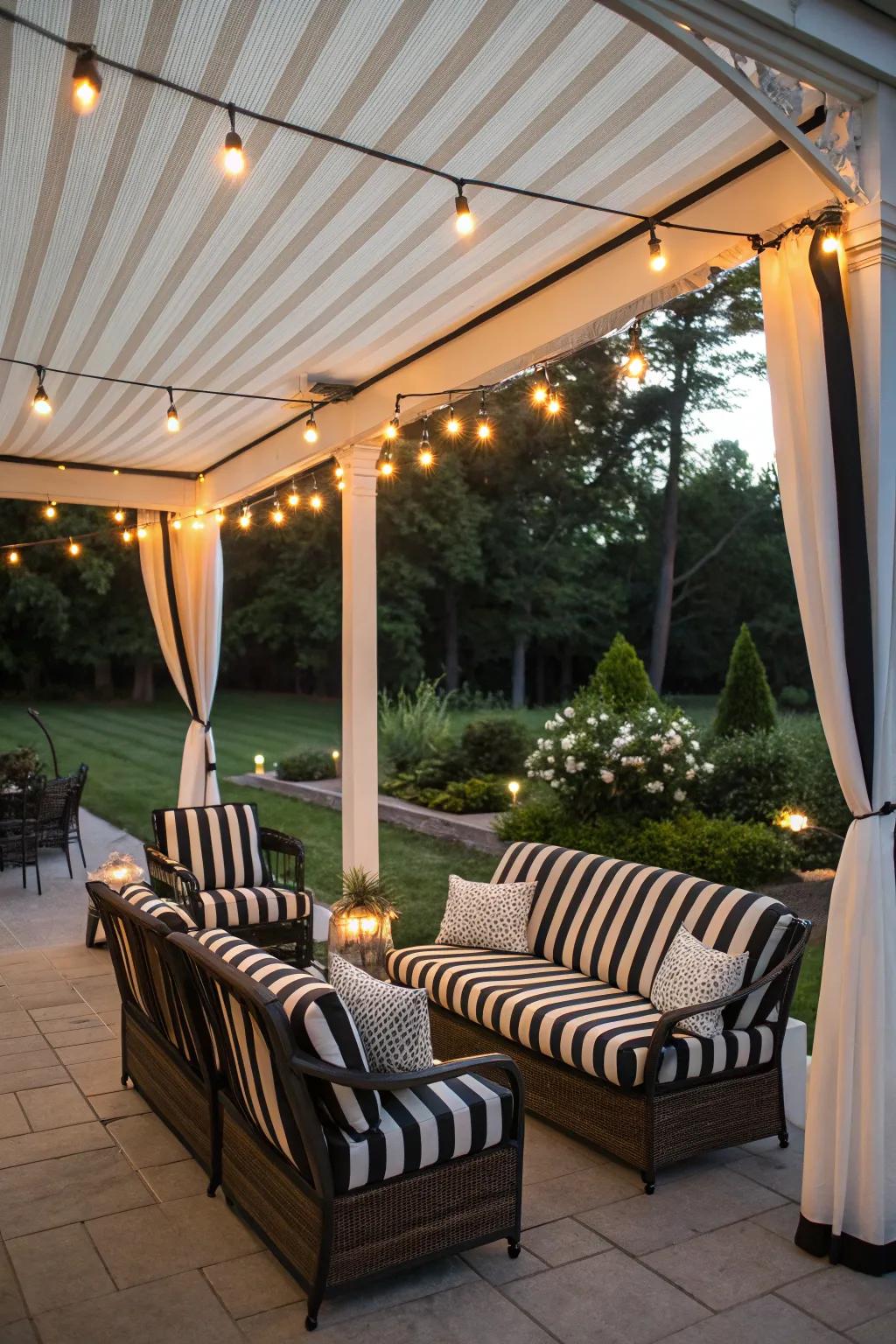 Warm lighting enhances the cozy feel of striped patio furniture.