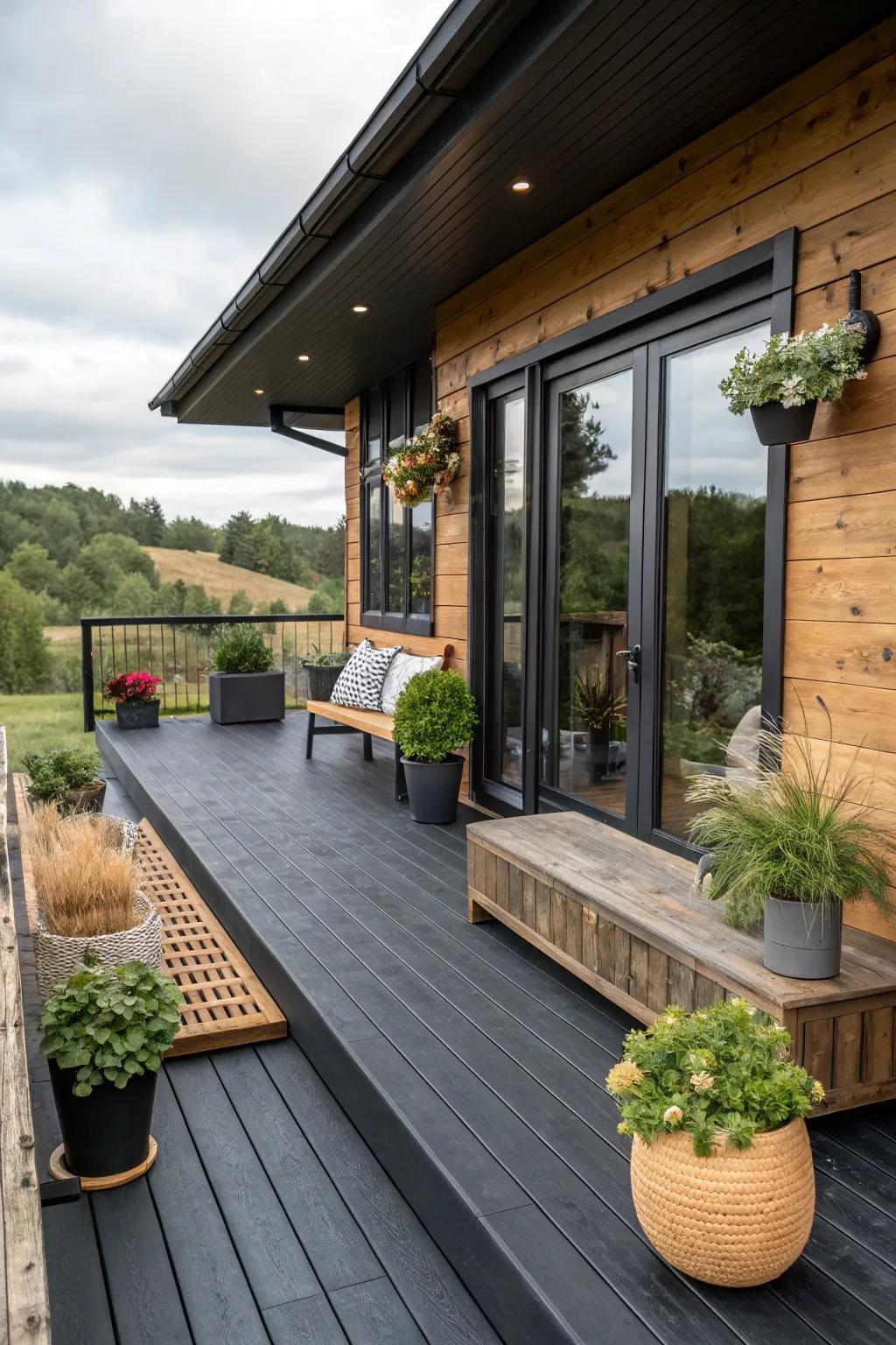 Balance the bold black with natural wood elements.