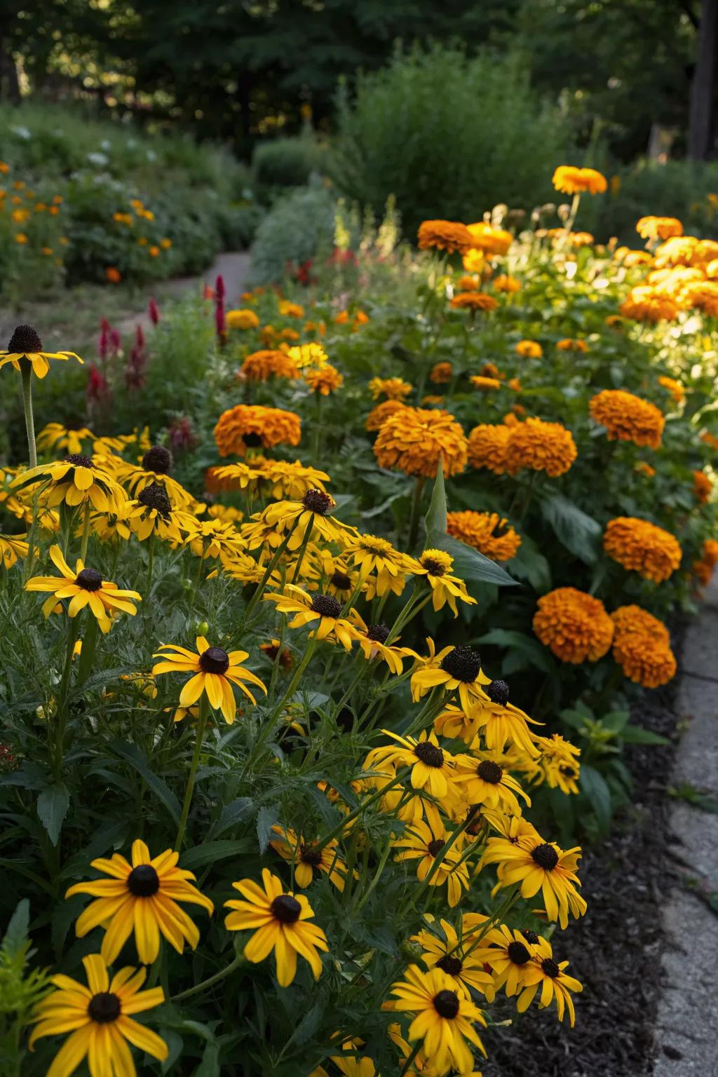 Natural pest deterrent with black-eyed Susans and marigolds.
