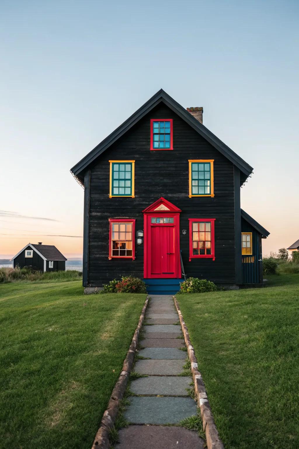 A pop of color adds a playful touch to a black house exterior.