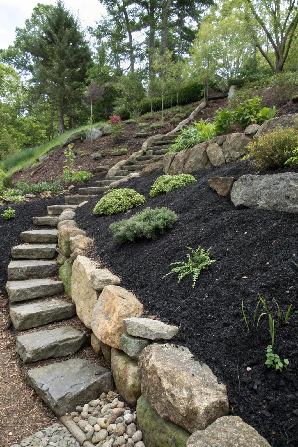 Erosion control on garden inclines with black mulch and rock barriers.