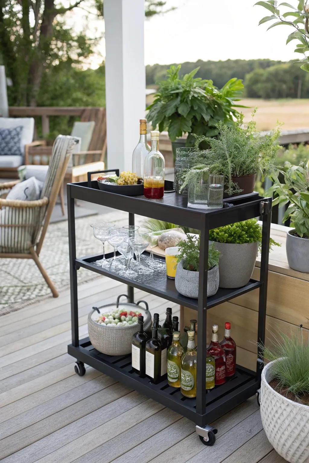 A bar cart offers convenience and style on a black patio.
