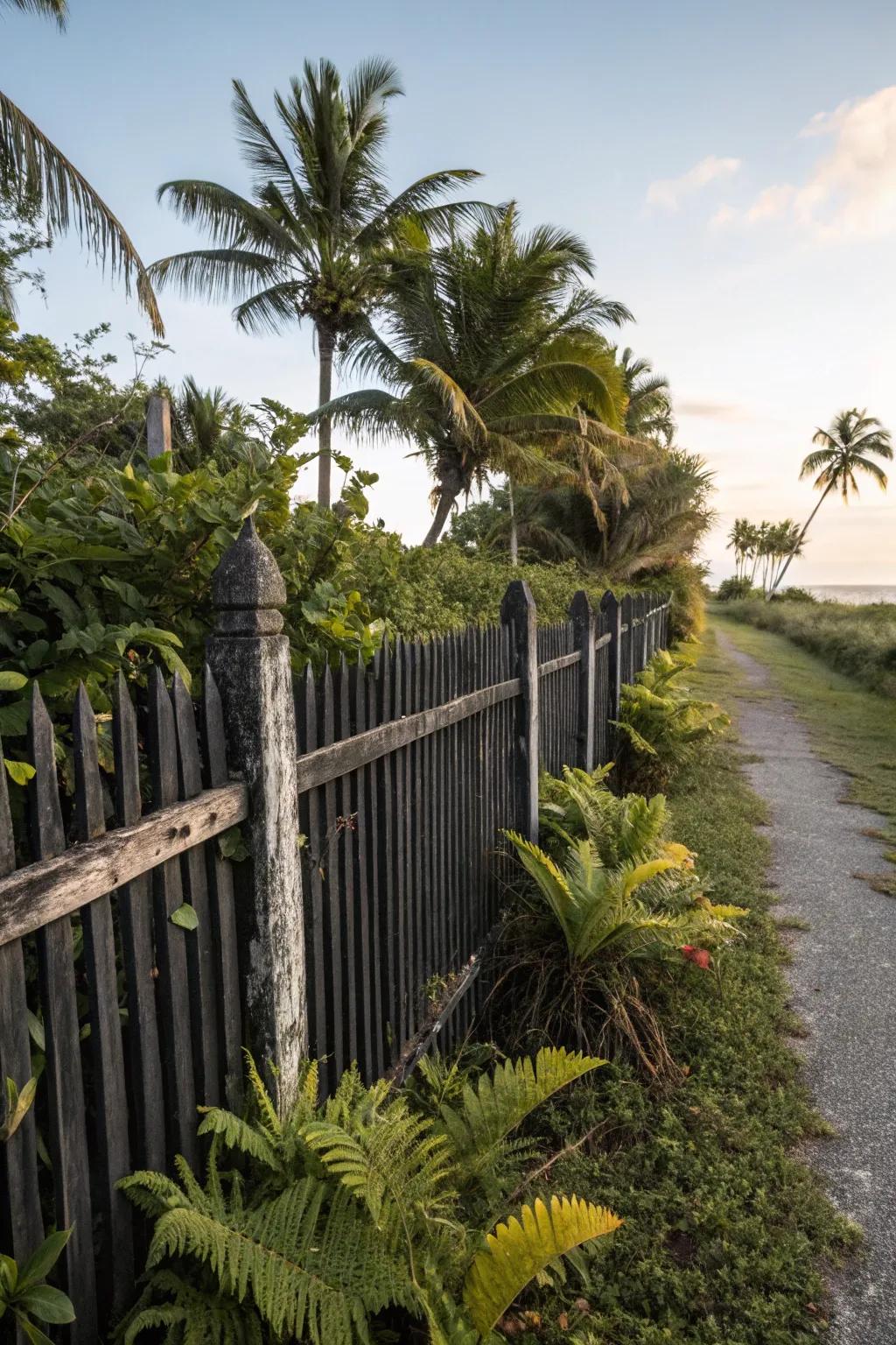 A black fence sets the stage for a tropical oasis.