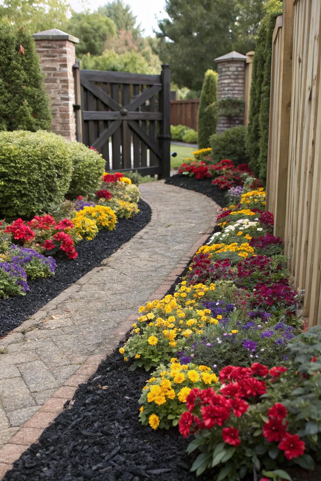 A welcoming entrance made beautiful with black rubber mulch.