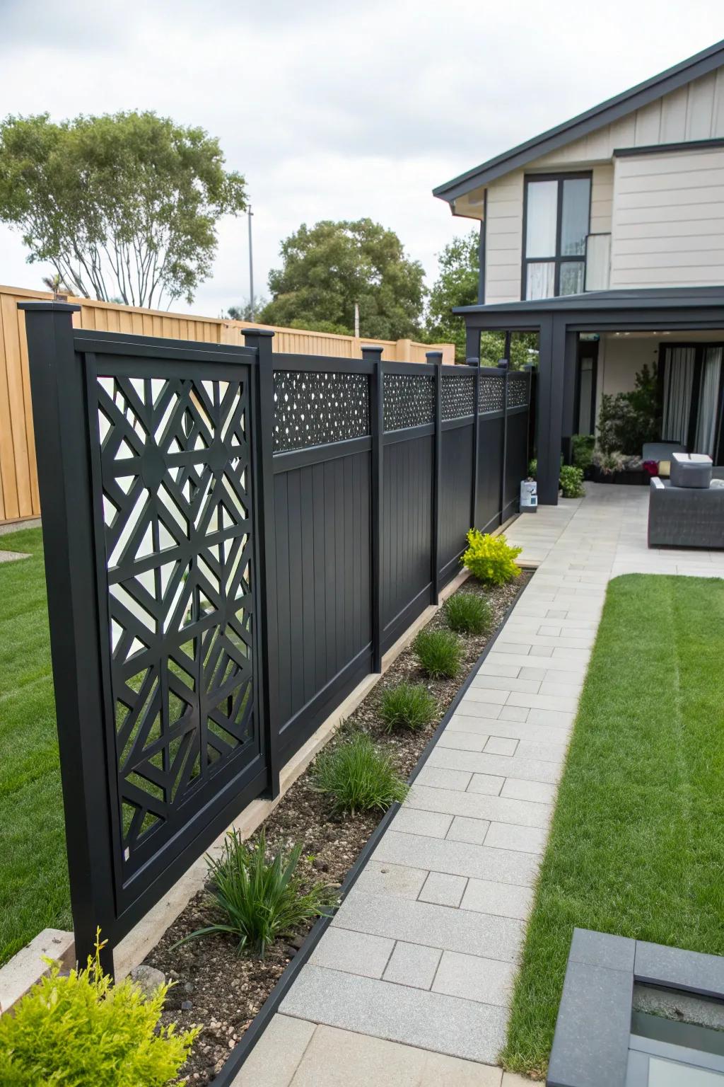 Geometric patterns add a modern artistic flair to the fence.
