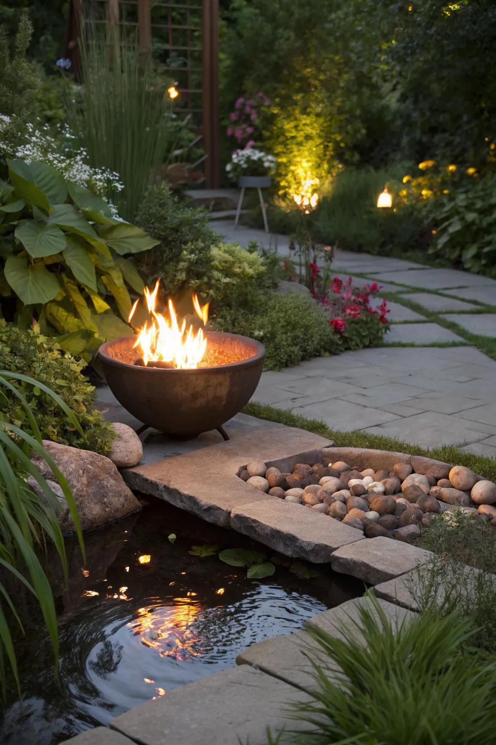 Captivating fire and water feature for an enchanting outdoor space.
