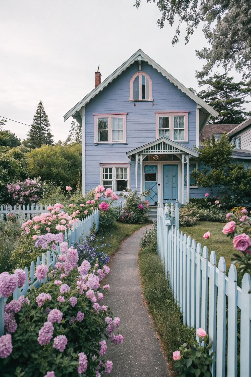 A charming house with a lavender blue exterior that stands out beautifully.
