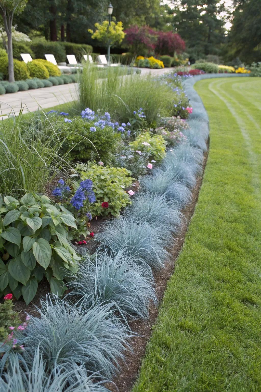 Blue fescue provides elegant edging for this garden bed.