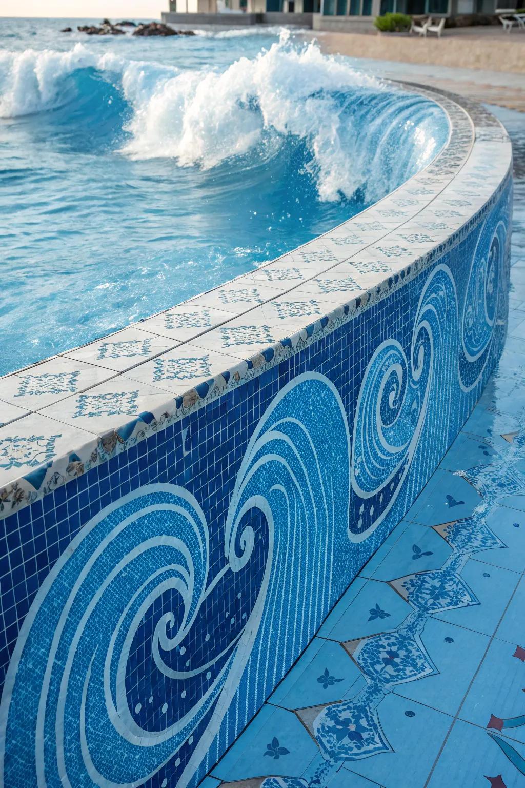 Wave patterns bring oceanic movement to pool designs.