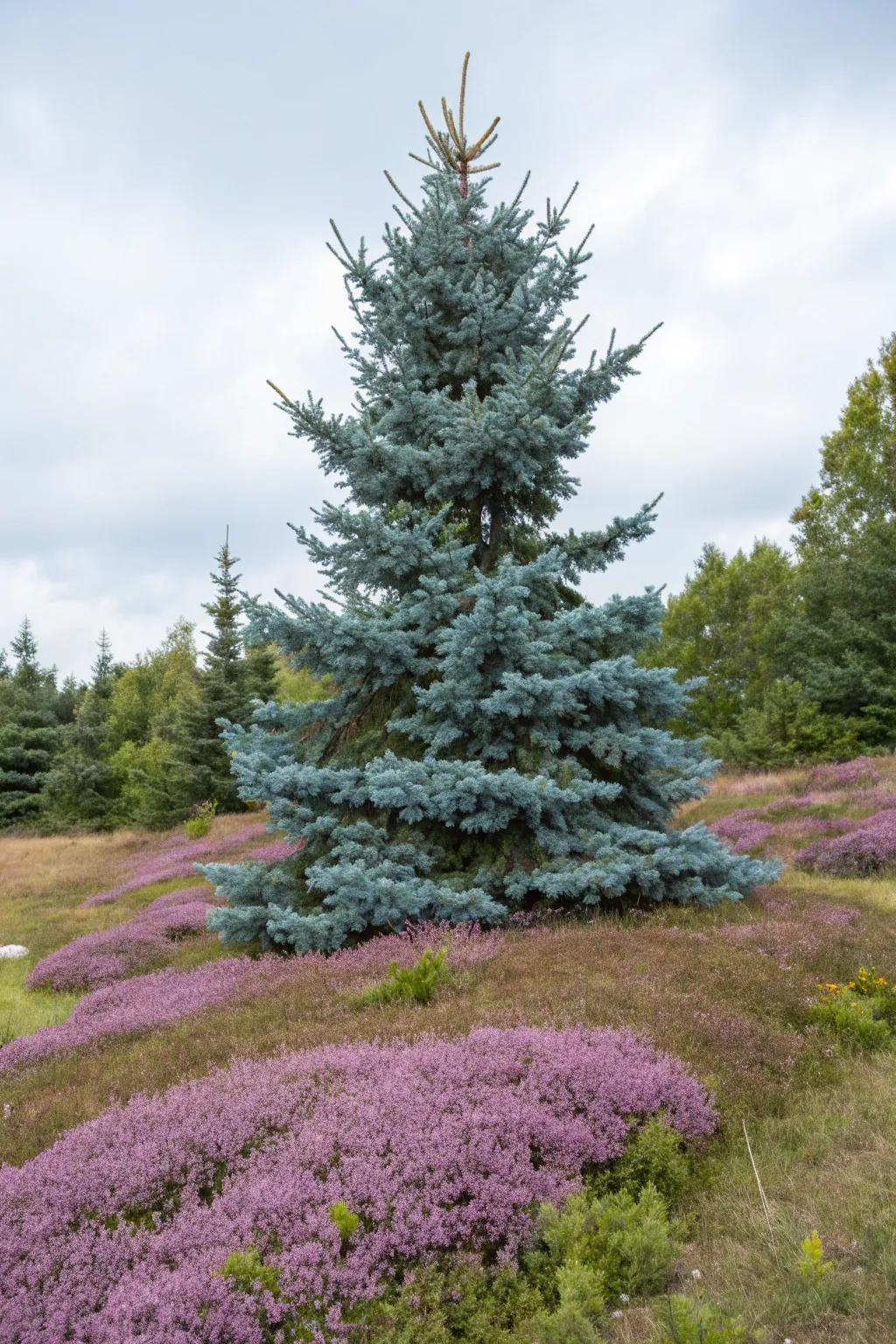 Ground covers like creeping thyme beautifully complement blue spruce.