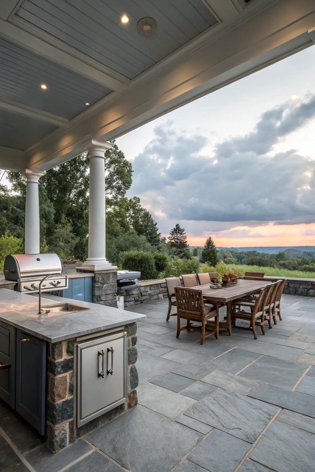 A bluestone porch with a functional outdoor kitchen.