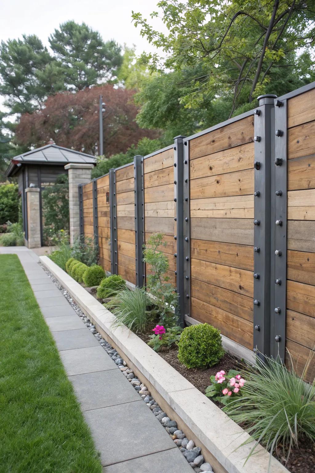 Metal inserts give a board fence an industrial edge.