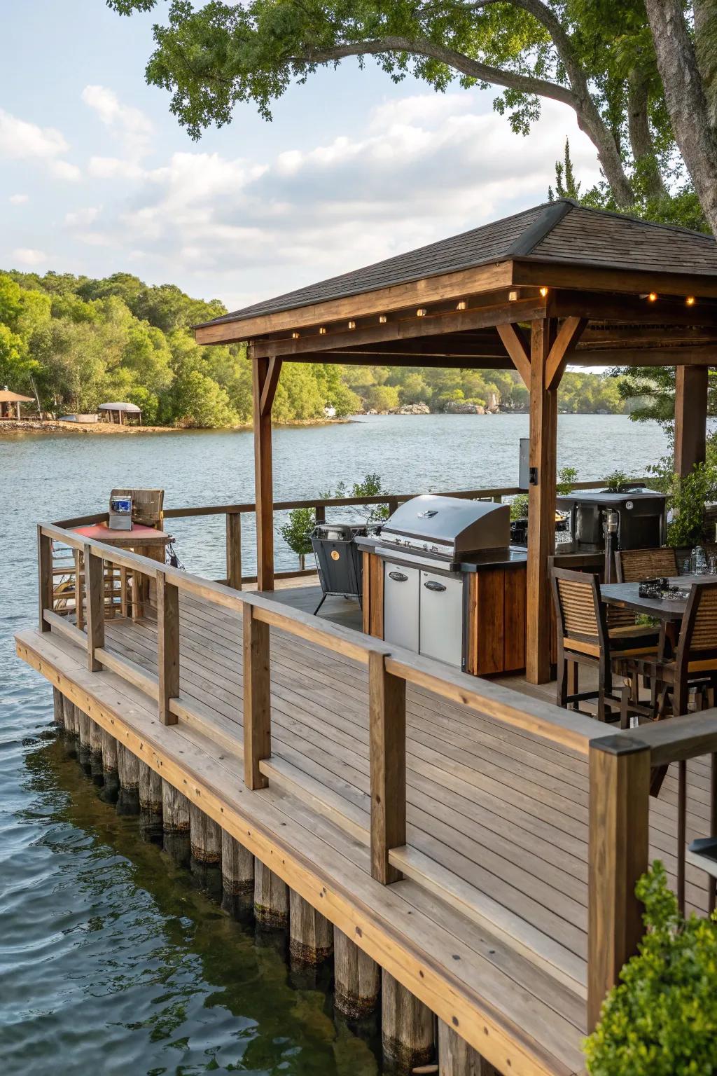 A barbecue area adds flavor and fun to this dock bar.