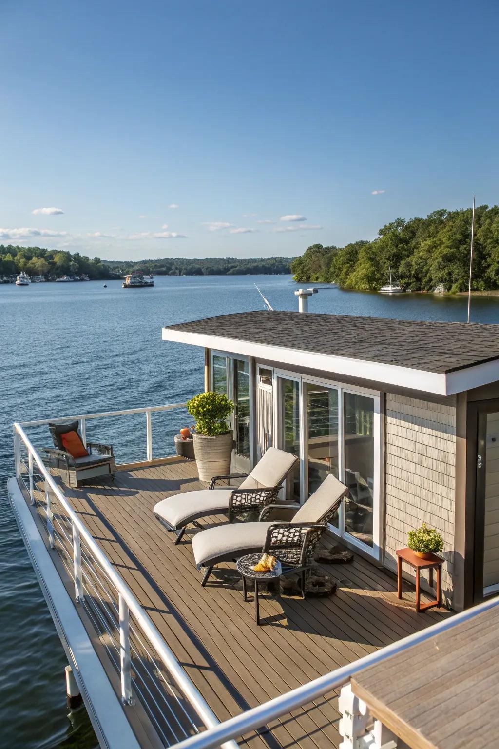 A spacious rooftop deck on a boat house for sunbathing and entertaining.
