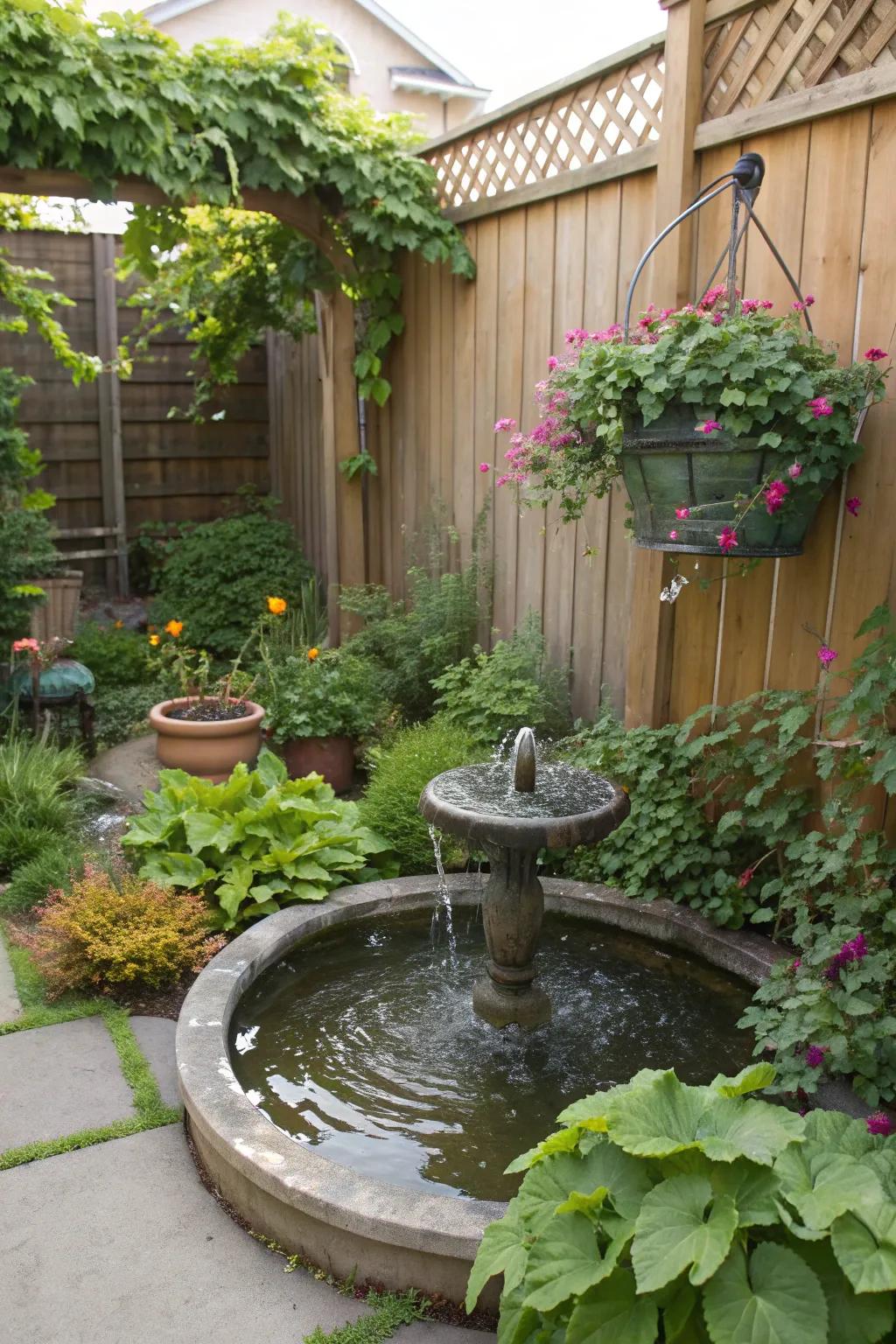 A fountain adds soothing sounds and a tranquil ambiance.