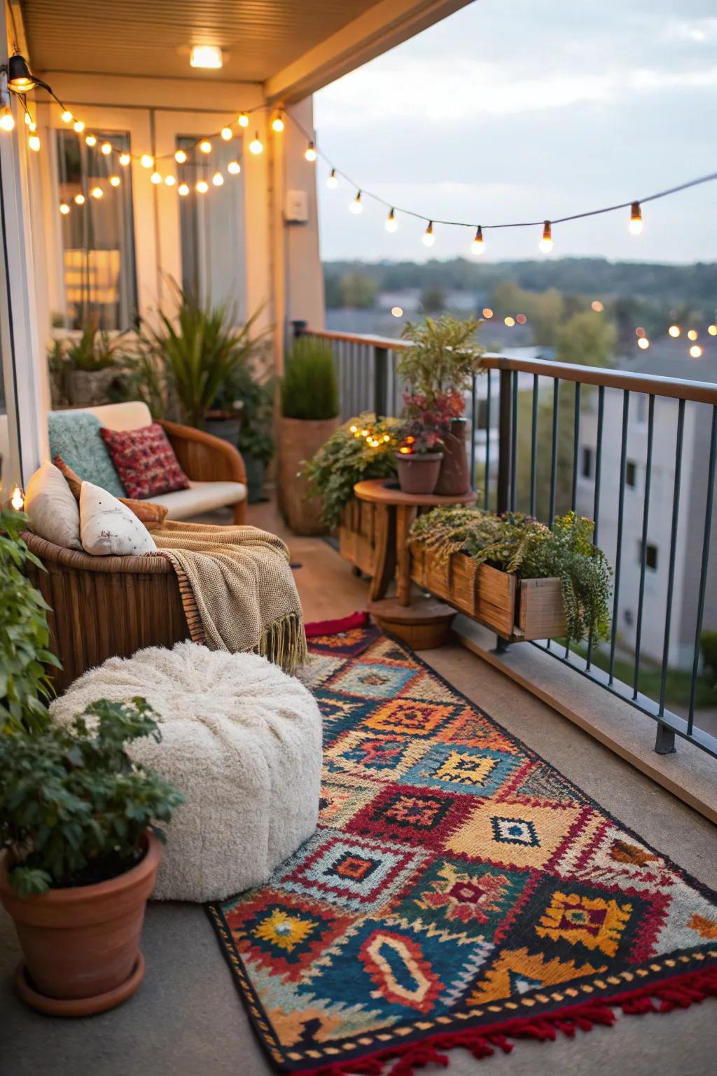 Outdoor rugs add comfort and style to your boho nook.