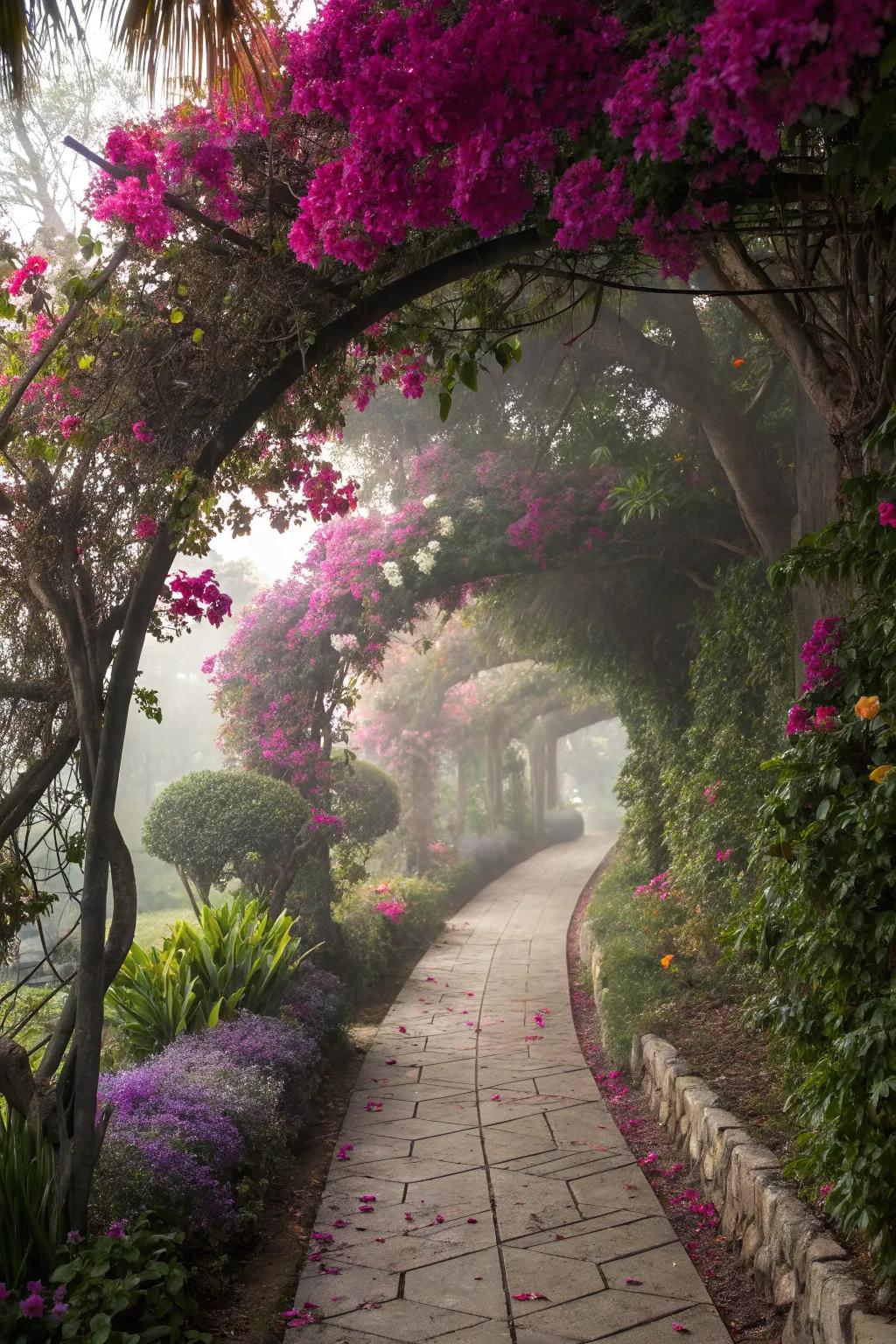 Line pathways with bougainvilleas for a magical touch.