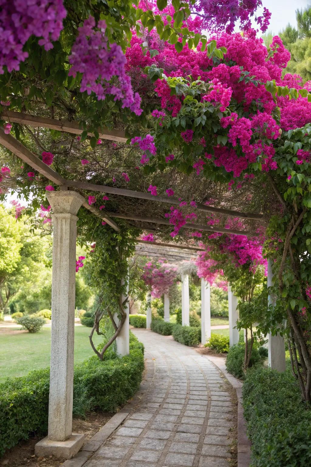 Bougainvillea canopies offer shade and charm.