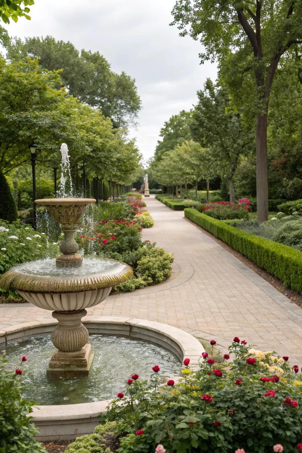 A soothing water feature adds tranquility to the garden.