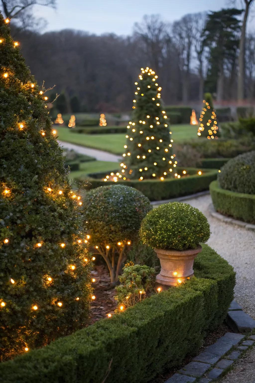Boxwoods adorned with fairy lights for seasonal charm.