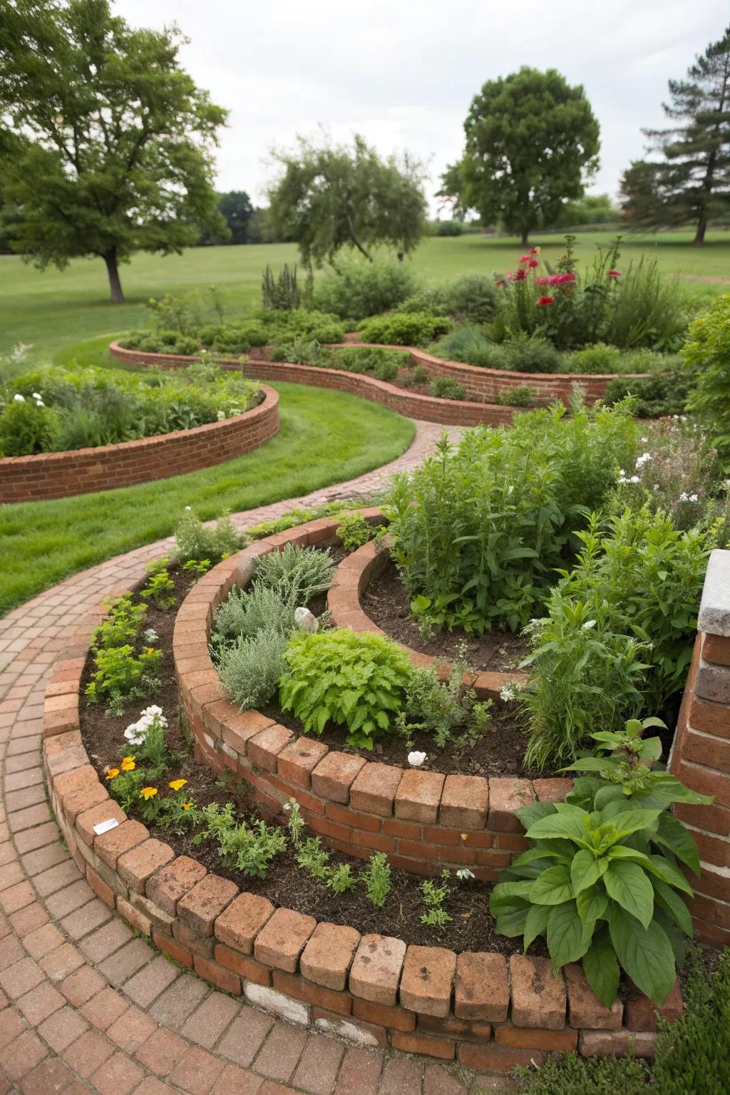 Brick spirals offer compact and stylish herb gardens.